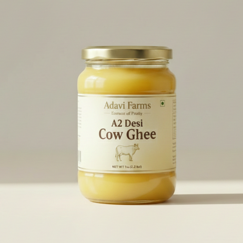 Jar of A2 Desi Cow Ghee from Aditya Farms on a light background