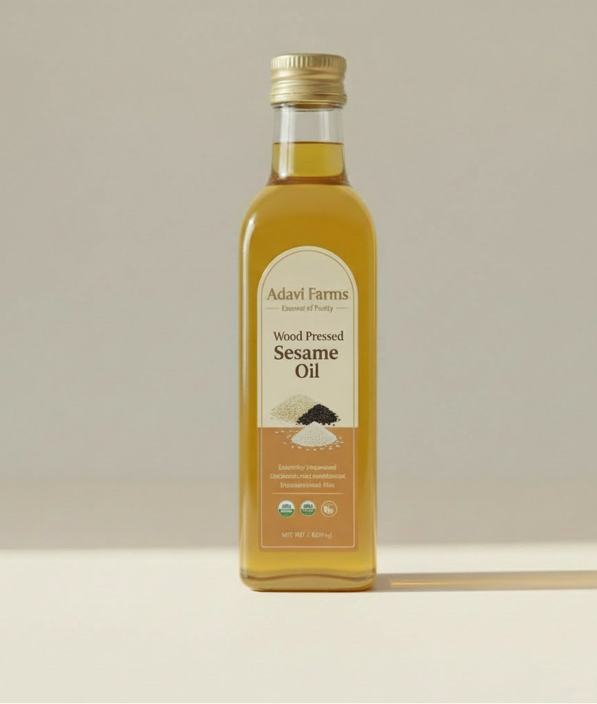 Bottle of Adavi Farms Sesame Oil on a beige background